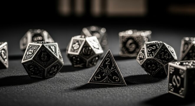 Collection of intricately designed polished metallic polyhedral dice for tabletop gaming and role-playing adventures