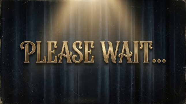 A vintage style please wait text on a dark blue background with illuminated top light.