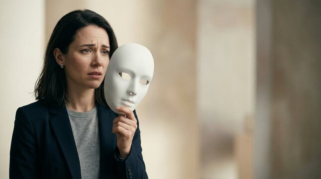 Woman in suit removes a white mask revealing deep sadness. Concept of emotional burnout, imposter syndrome, and corporate mental health struggles. Professional psychological portrait.