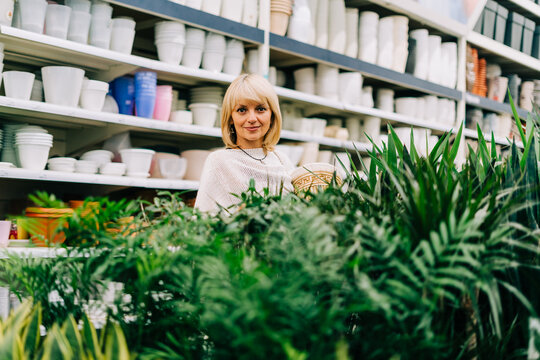 Gardening, planting and shopping concept. Beautiful mature adult woman choosing houseplants and pots in greenhouse or garden centre. Senior buying flowers plants at market store in mall.