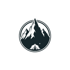 Obraz premium Mountain silhouette with a tent in a circle, representing camping and adventure in nature