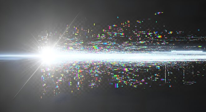 Digital Glitch Effect: Abstract Light Streaks and Pixelated Data Flow