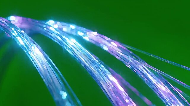 Close up of flowing colorful fiber optic strands with blue and purple light