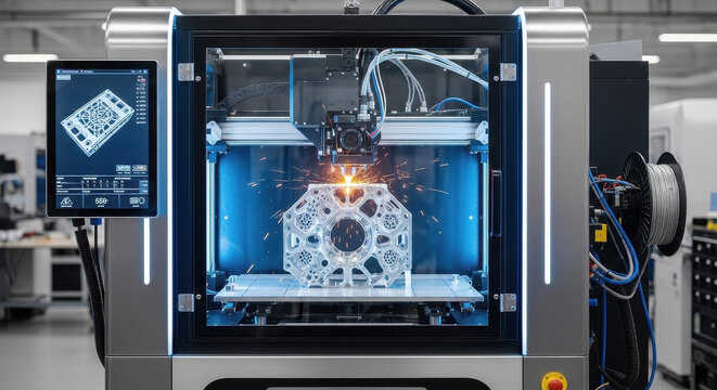 A metal component is fabricated inside a laser sintering machine, leveraging additive manufacturing for precision and innovation