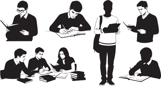 students studying reading writing silhouette set black vector