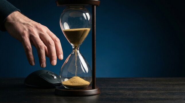 Hand reaches for a mouse behind a running hourglass. Concept of procrastination, wasting time, and missing deadlines. Symbolic image of work avoidance and poor time management.