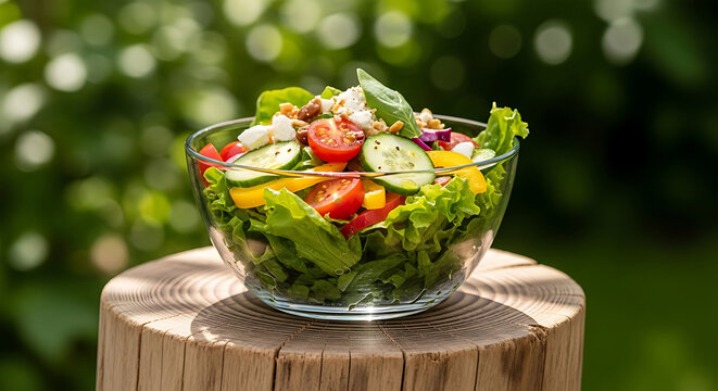 Fresh salad in a glass bowl on a wooden stump outdoors