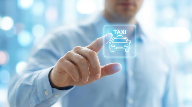 Man touching glowing taxi app button on futuristic interface digital screen.