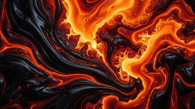 Molten lava and black obsidian liquid swirl in intense heat creating volcanic magma flow background.