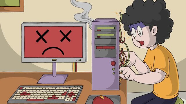 Funny Cartoon Programmer Struggling with Broken PC Loop Animation 