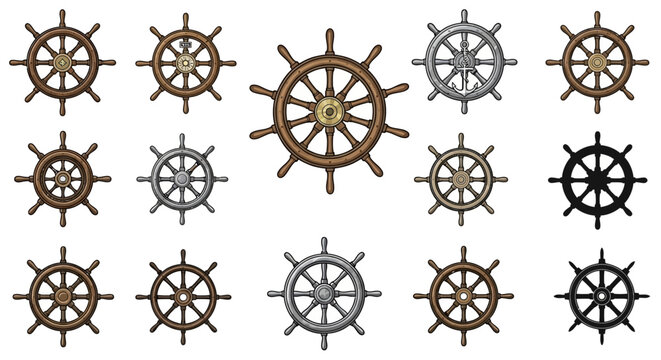 Collection of Vintage Ship Steering Wheels in Various Designs.