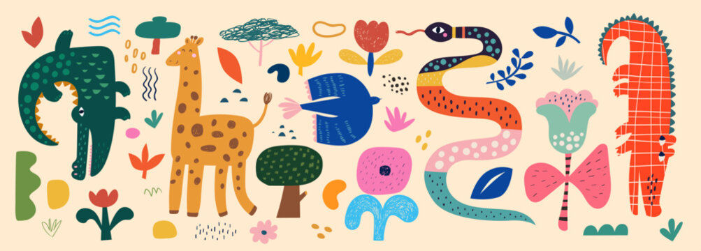 Funny cartoon baby collection with cute hand drawn animals and flowers. 
