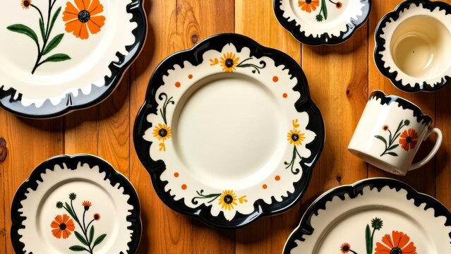 Rustic ceramic dinnerware set with floral patterns on wooden backgroun