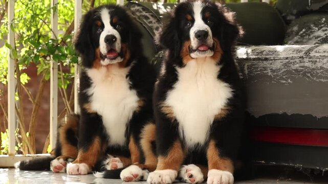 Bernese Mountain Dog Puppies Sitting and Looking at Camera on Outdoor Patio