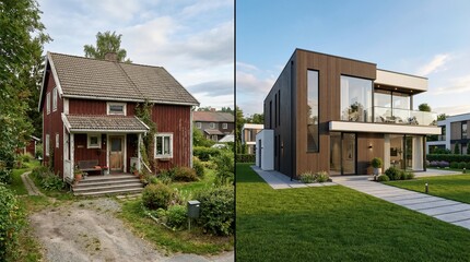 Obraz premium Transformation from Traditional Wooden Cottage to Modern Contemporary Home showcasing architectural evolution and design contrasts