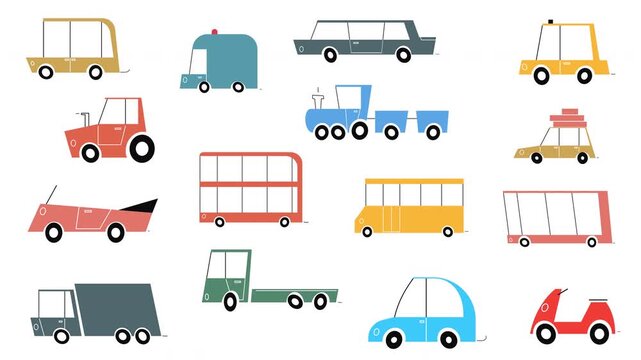 Collection of animated cartoon vehicles in minimalist retro flat design style against white background. Set includes wide range of transport options: taxi, multiple trucks, tractors, scooter, limousin