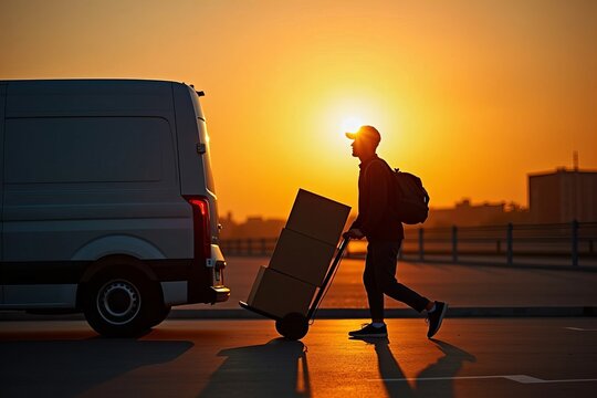 Delivery courier pushing trolley of boxes near sunset silhouette.
