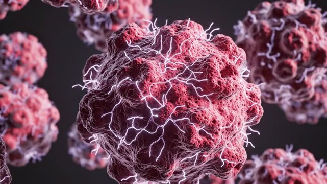Detailed 3D rendering of malignant cancer cells with irregular porous surfaces and white filamentous structures, depicting tumor growth in a microscopic medical environment.
