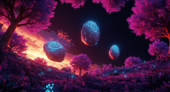 Mysterious glowing monoliths hover above a vibrant, otherworldly landscape at twilight