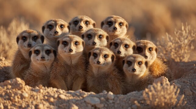 A close-up portrait of a lively group of meerkats huddled together in a sandy desert environment, showcasing their curious and social nature.