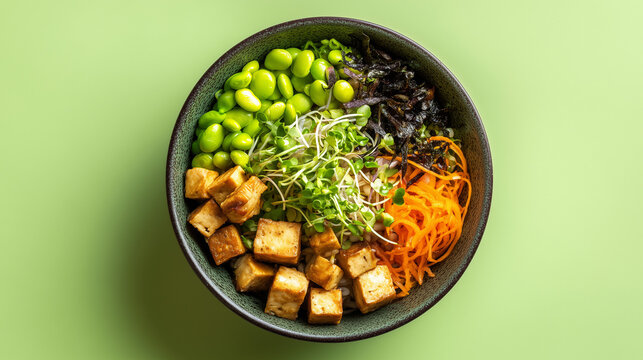 A healthy bowl filled with tofu, edamame, shredded carrots, sprouts, and seaweed