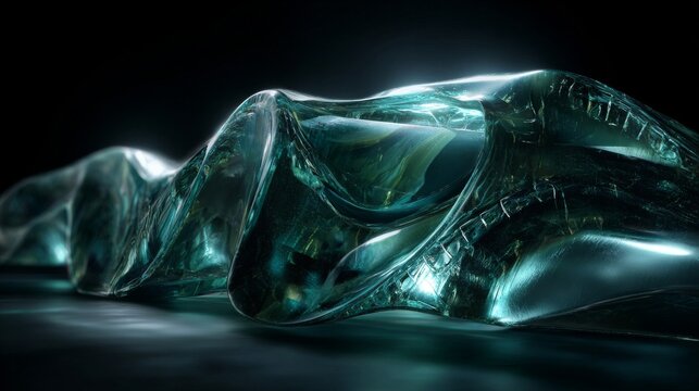 A fluid, amorphous form of liquid glass in deep emerald and sapphire hues, with intricate swirling patterns and light reflections.