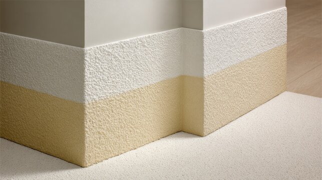 Textured geometric wall corner with intersecting planes of off-white and cream paint