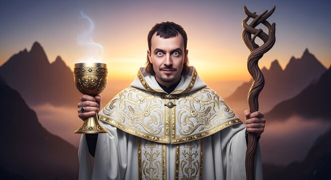 Enchanting sorcerer in ceremonial robes holding a sacred chalice and a gnarled staff against a backdrop of majestic mountains and a radiant sunrise, evoking a sense of mystique and ancient power