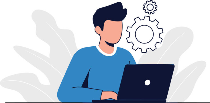 Software development vector illustration with person laptop gears technology concept for programming and innovation