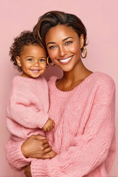 Mother and toddler smiling together in matching pink sweaters, warm family portrait and bond