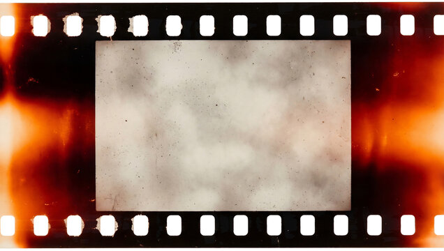 Old 35mm filmstrip or dia positive slide frame with burned edges isolated on white background. Real analog film scan with signs of usage and light leaks.