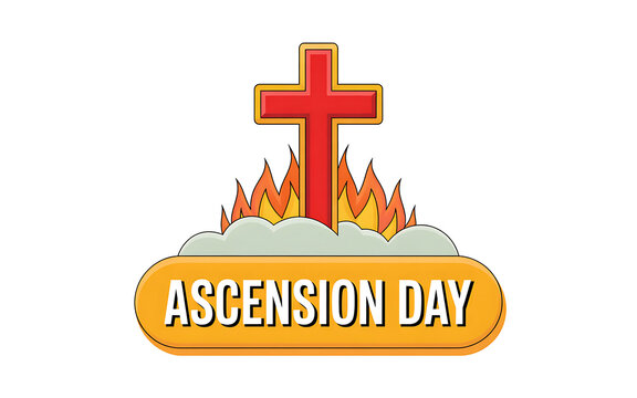 A vibrant illustration of a red cross rising from flames on Ascension Day