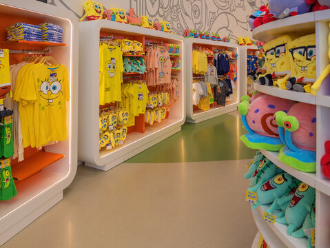 Belek, Turkey - March 30, 2026: Inside the Nickelodeon Land gift shop at Land of Legends, featuring SpongeBob SquarePants merchandise, colorful Patrick Star plush toys, vibrant themed retail displays