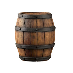 Fototapeta premium Dark Wooden Barrel with Black Metal Bands on White Background isolated on a transparent background