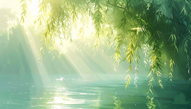 柳と川と差し込む光と