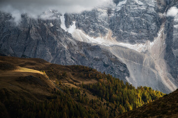 A high-contrast mountain landscape featuring sunlit autumn larch trees against a backdrop of...