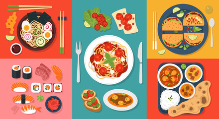 A colorful illustration of various sushi pieces on a pink background, perfect for food blogs or restaurant promotions. © endang