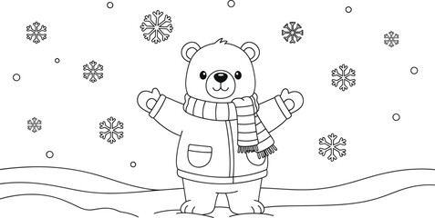 Cute cartoon polar bear standing in a snowy landscape © MDTamizUddin