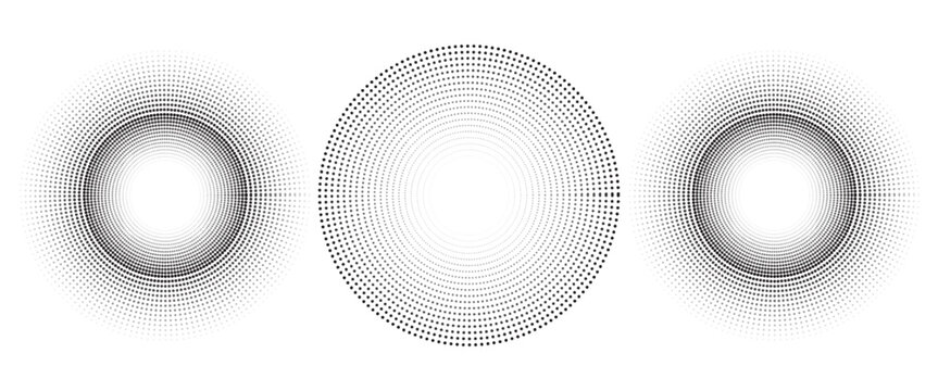 Black concentric circle set. Sonar or sound wave ring collection. Dotted and linear epicentre, target, radar icon concept. Ripple radial signal or vibration elements. Vector line and halftone symbols