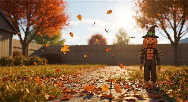 Autumnal Halloween figure in a backyard.  Falling leaves, sunny day
