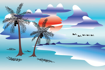 Vibrant Hawaii seamless pattern with tropical hibiscus flowers and palm leaves. Exotic botanical background for Aloha shirts, summer apparel, and vacation-themed designs. © นครินทร์ มุกรินละไมม