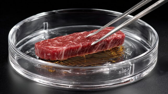 Laboratory technicians examine a piece of cultured meat inside a glass petri dish.