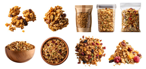Set of muesli Granola, rolled oats, nuts seeds sweetener of breakfast snack cereal mix, takeout plastic paper bag, wooden bowl, stack pile cluster, transparent cutout PNG. Many different mockup