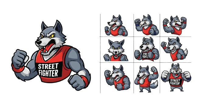 Cartoon wolf character poses illustration set for design and print