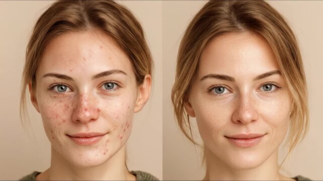 Young woman's face, before and after problematic skin, acne, pimples, and pores, showing effective therapeutic care, treatment, and smooth foundation makeup