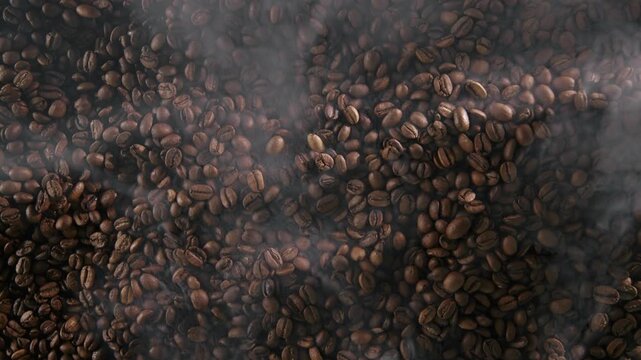 Freshly roasted brown coffee beans cooling and stirring process showcased in dynamic sequence.