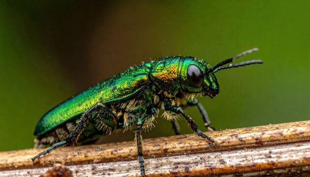 Close up of a vibrant green emerald ash borer beetle on a branch.