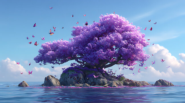 A large purple tree with numerous butterflies fly