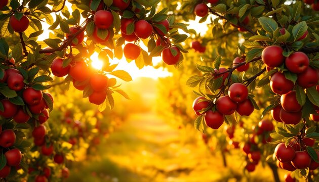 Sunlit apples hang from lush trees in a serene orchard during sunset