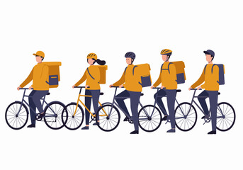 Fototapeta premium Team of food delivery couriers in yellow uniforms standing with bicycles and thermal backpacks, flat vector illustration isolated on white.
